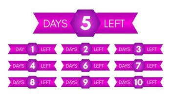 Number of days left. Set of ten purple banners with countdown from 1 to 10. Vector illustration