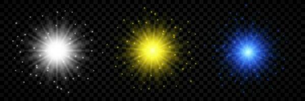 Light effect of lens flares. Set of three white, yellow and blue glowing lights starburst effects with sparkles vector