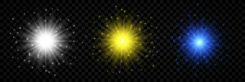 Light effect of lens flares. Set of three white, yellow and blue glowing lights starburst effects with sparkles