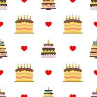 Seamless Pattern with colorful hearts, sweet cakes and pies. Vector illustration.