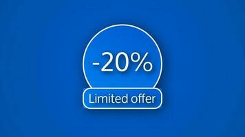 Blue limited offer banner with a 20 discount. White numbers on blue backgrounds with shadow. Vector illustration