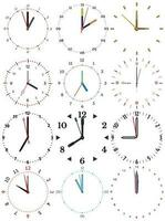 A set of different mechanical clocks with an image of each of the twelve hours. Clock face on white background. vector
