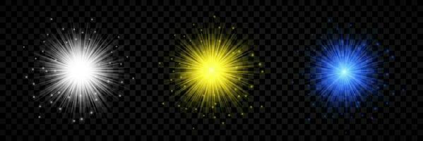 Light effect of lens flares. Set of three white, yellow and blue glowing lights starburst effects with sparkles vector