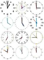 A set of different mechanical clocks with an image of each of the twelve hours. Clock face on white background. vector