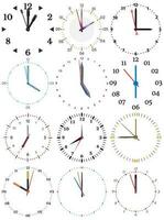 A set of different mechanical clocks with an image of each of the twelve hours. Clock face on white background. vector