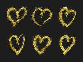 Gold glitter doodle heart on dark background. Set of six gold grunge hand drawn heart. Romantic love symbol. Vector illustration.
