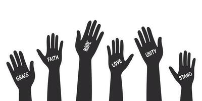 Hands with beautiful slogans. Silhouettes of raised up different hands. Vector scalable graphics