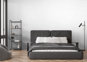 Wallpaper presentation mock up. Bedroom furniture and home accessories on transparent background. Copy space for wallpaper, wall panels, photo wallpaper, print or paint. Interior wall mockup. 3D. png