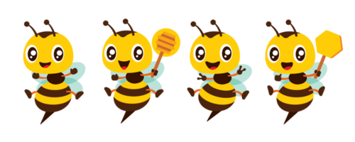 Cartoon cute bee with different poses mascot set holding honeycomb, honey dipper and victory sign gesture illustration collection flat design png