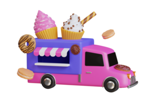 Cake food truck 3d illustration. Bakery truck. Sweets Breakfast Bakery Food Truck Delivery Master. 3d illustration png