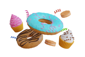 Falling cupcake and donuts. Sweet food 3d illustration png