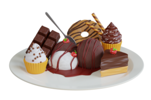 Sweet food 3d illustration. Cake, ice cream, donut, cupcake, chocolate. 3d illustration png