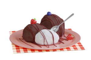 Ice cream scoops 3d illustration. Ice cream ball with chocolat and strowberry sauces or syrup. Appetizing chocolate ice cream balls and vanilla. png