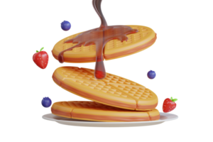 fluffy pancake with honey butter toppings. 3d illustration of honey pouring on thick and crispy toaster waffles with falling berry fruits. png