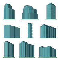 Set of nine modern high-rise building on a white background. View of the building from the bottom. Isometric vector illustration.