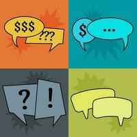 Set of four communication speech bubbles on colorful backgrounds. Vector illustration