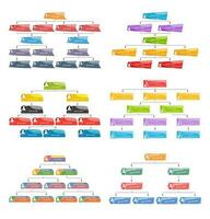 Set of six colorful business structure concept, corporate organization chart scheme with people icons. Vector illustration.