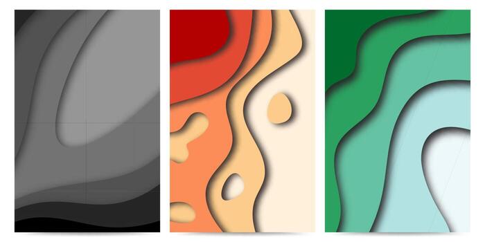 conjunto de Tres resumen antecedentes con papel cortar formas cuentos bandera diseño. vector ilustración.