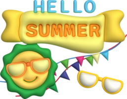 illustration 3d. Sun wearing sunglasses icon and text hello summer for design. png