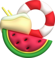 illustration 3D. Watermelon set. Coconut. Swimming ring. In summer. png