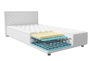 3d layered sheet material mattress with air fabric, coil spring, natural latex, memory foam isolated. 3d render illustration png