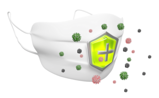 3d hygienic mask with green shield symbol icon to prevent dust, bacteria, prevent the spread of coronavirus isolated. 3d render illustration png