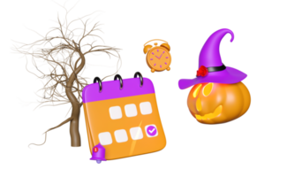 3d halloween pompoen vakantie partij met kalender, gemarkeerd datum, kennisgeving klok, Purper heks wees hoed voor gelukkig halloween, 3d geven png