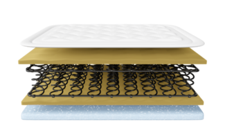 3d layered sheet material mattress with air fabric, coil spring, memory foam, soft sponge isolated. 3d render illustration png