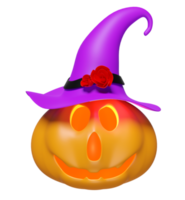 3d halloween pumpkin holiday party with Scared Jack O Lantern and candle light in pumpkin, purple witch pointed hat, minimal for happy halloween isolated. 3d render illustration png