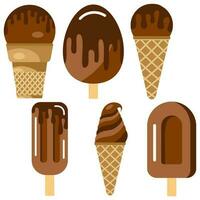 Set of vector illustration of chocolate ice cream. Chocolate ice cream on a wooden stick and in a waffle cup