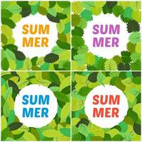 Set of four backgrounds with summer leaves with inscription summer in the center. Vector illustration.