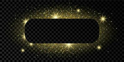 Golden rounded rectangle frame with glitter, sparkles and flares on dark vector