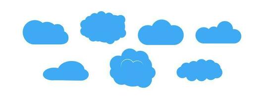 Set of seven blue clouds on white background. Vector illustration.