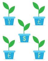 Growth income from start up set. Sprout in a pot. Profit money growth and finance sprout plant in pot. Vector flat design illustration