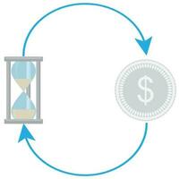 ciclo hora y dinero. moneda plata y arena vaso. vector plano diseño ilustración