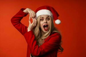 pretty woman wearing santa hat glamor holiday christmas fun photo