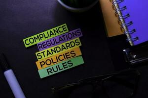 Compliance, Regulations, Strandards, Policies, Rules text on sticky notes isolated on Black desk. Mechanism Strategy Concept photo