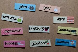 Leadership write on sticky note with keywords isolated on wooden background. Chart or mechanism concept. photo