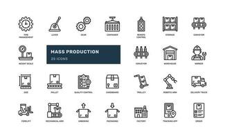 Mass Production automation factory with shipping and delivery detailed outline line icon set vector