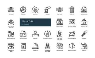 pollution contaminated waste global warming ecology environment detailed outline line icon set vector