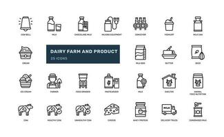 Dairy Farm Agriculture and Dairy Product from Cow livestock detailed outline line icon set vector