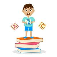 Cute little boy standing on books with abc cube in hands. vector