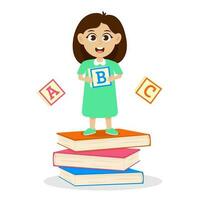 Cute little girl standing on books with cube tin her hands. vector