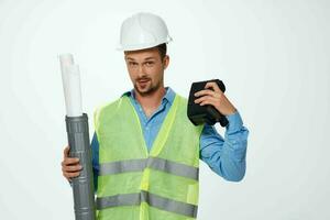 construction worker in working form blueprints virtual reality glasses construction photo