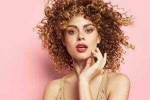 woman bright makeup Curly hair is an attractive luxury look photo