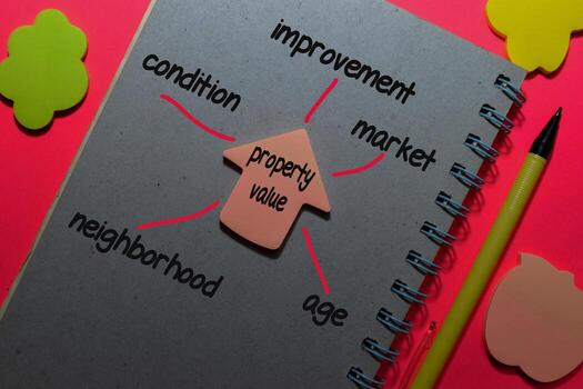 Property Value on sticky note with keywords isolated on office desk. Chart or mechanism concept. photo