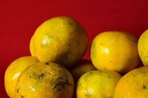 Fresh orange fruit in the red background photo