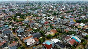 Aerial POV view Depiction of flooding. devastation wrought after massive natural disasters at Bekasi - Indonesia photo