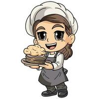 Happy female chef character holding food illustration in doodle style vector