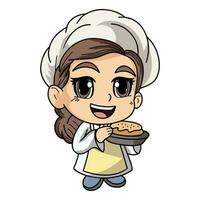 Happy female chef character holding food illustration in doodle style vector